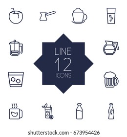 Set Of 12 Drinks Outline Icons Set.Collection Of Soda, Mug, French Press And Other Elements.