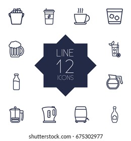 Set Of 12 Drinks Outline Icons Set.Collection Of Hot Drink, French Press, Dairy And Other Elements.