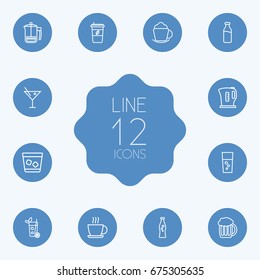 Set Of 12 Drinks Outline Icons Set.Collection Of French Press, Soda, Cocktail And Other Elements.