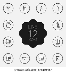 Set Of 12 Drinks Outline Icons Set.Collection Of Coffeepot, Pot, Champagne And Other Elements.