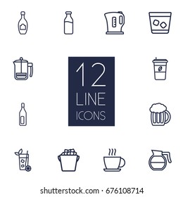 Set Of 12 Drinks Outline Icons Set.Collection Of Bottle, Coffeepot, Champagne And Other Elements.