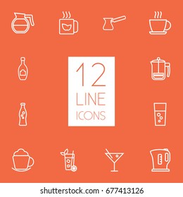 Set Of 12 Drinks Outline Icons Set.Collection Of Fizzy Water, Cocktail, Mojito And Other Elements.