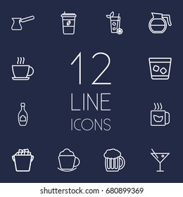 Set Of 12 Drinks Outline Icons Set.Collection Of Mug, Mojito, Pot And Other Elements.