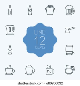 Set Of 12 Drinks Outline Icons Set.Collection Of Pot, Champagne, Coffeepot And Other Elements.