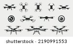 Set of 12 Drone icons isolated on white background. 12 Drone, UAV design elements. Vector illustration	