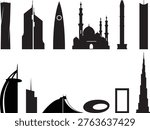 Set of 12 Dubai city building silhouettes featuring iconic modern architecture and famous landmarks. Clean minimalist vector collection ideal for travel design, branding, posters, and urban projects.