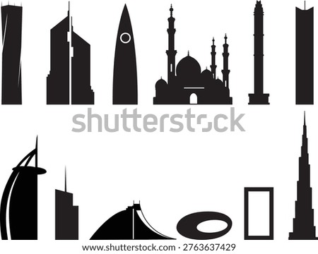 Set of 12 Dubai city building silhouettes featuring iconic modern architecture and famous landmarks. Clean minimalist vector collection ideal for travel design, branding, posters, and urban projects.