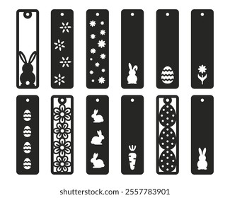 Set of 12 Easter vertical bookmarks. Laser cut template. Decorative bookmark stencil for paper, wood and metal cutting. Vector design