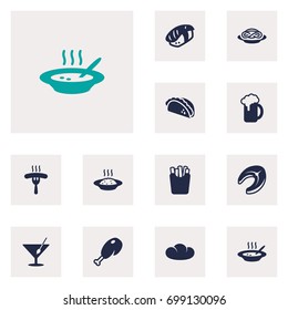 Set Of 12 Eat Icons Set. Collection Of Martini, Baguette, Mexican Food And Other Elements.