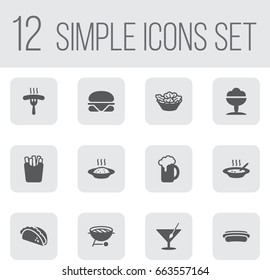 Set Of 12 Eat Icons Set.Collection Of Cereal, Sorbet, Sausage And Other Elements.