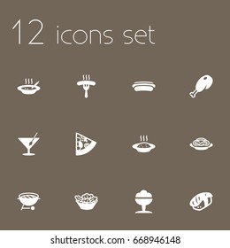 Set Of 12 Eat Icons Set.Collection Of Broth, Spaghetti, Frankfurter And Other Elements.