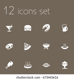 Set Of 12 Eat Icons Set.Collection Of Sorbet, Fried Poultry, Ale And Other Elements.