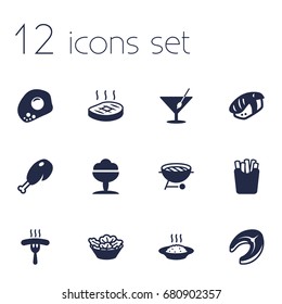 Set Of 12 Eat Icons Set.Collection Of Seafood, Potato, Frankfurter And Other Elements.