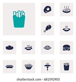Set Of 12 Eat Icons Set.Collection Of Broth, Cereal, Fried Poultry And Other Elements.