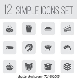 Set Of 12 Eat Icons Set.Collection Of Prawn, Pork, Mutton And Other Elements.