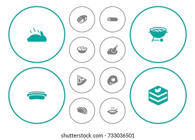 Set Of 12 Eat Icons Set.Collection Of Sausage, Japanese Roll, Roasted And Other Elements.