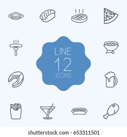 Set Of 12 Eat Outline Icons Set.Collection Of Steak, Japanese Roll, Cocktail And Other Elements.