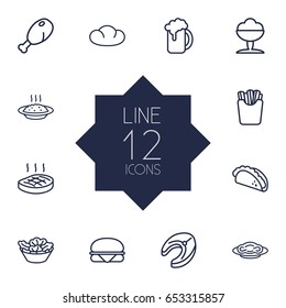 Set Of 12 Eat Outline Icons Set.Collection Of Steak, Beer, Sorbet And Other Elements.