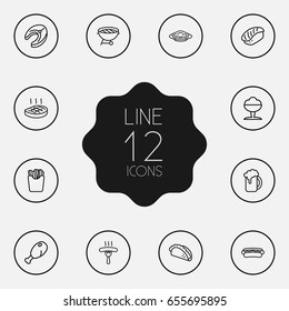 Set Of 12 Eat Outline Icons Set.Collection Of Raw Fish, Bbq, Hotdog And Other Elements.