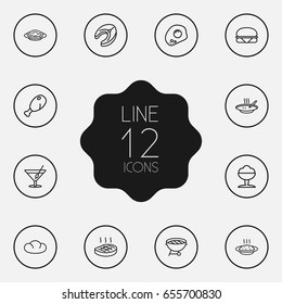 Set Of 12 Eat Outline Icons Set.Collection Of Pasta, Raw Fish, Bread And Other Elements.