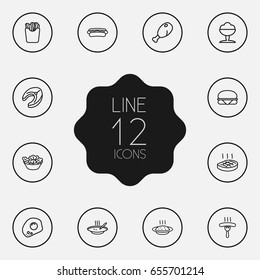 Set Of 12 Eat Outline Icons Set.Collection Of Porridge, Salad, Chicken Leg And Other Elements.