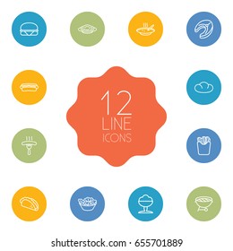 Set Of 12 Eat Outline Icons Set.Collection Of Sausage, Bbq, Salad And Other Elements.