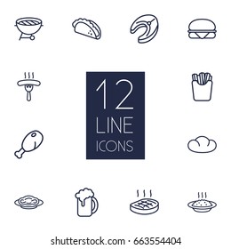 Set Of 12 Eat Outline Icons Set.Collection Of French Fries, Bbq, Bread And Other Elements.