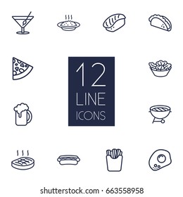 Set Of 12 Eat Outline Icons Set.Collection Of Mexican Food, Hotdog, Pepperoni And Other Elements.