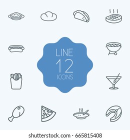 Set Of 12 Eat Outline Icons Set.Collection Of French Fries, Bbq, Mexican Food And Other Elements.