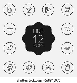 Set Of 12 Eat Outline Icons Set.Collection Of French Fries, Bbq, Cocktail And Other Elements.