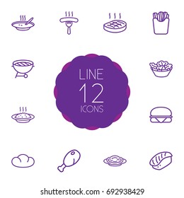 Set Of 12 Eat Outline Icons Set.Collection Of Chicken Leg, Salad, Japanese Roll And Other Elements.