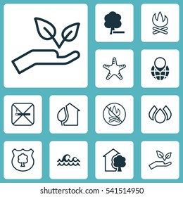 Set Of 12 Eco Icons. Includes Pin Earth, Timber, House And Other Symbols. Beautiful Design Elements.