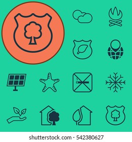 Set Of 12 Eco Icons. Includes Pin Earth, Bonfire, Timber And Other Symbols. Beautiful Design Elements.