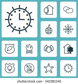 Set Of 12 Eco Icons. Includes Fire Banned, Sun Clock, Guard Tree And Other Symbols. Beautiful Design Elements.