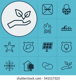Set Of 12 Eco-Friendly Icons. Includes Save World, Cloud Cumulus, Timber And Other Symbols. Beautiful Design Elements.