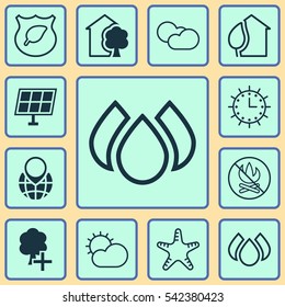 Set Of 12 Eco-Friendly Icons. Includes Sun Clock, Sea Star, Cloud Cumulus And Other Symbols. Beautiful Design Elements.