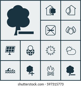 Set Of 12 Eco-Friendly Icons. Includes Delete Woods, Cigarette, Aqua And Other Symbols. Beautiful Design Elements.