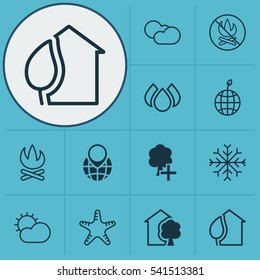 Set Of 12 Ecology Icons. Includes Pin Earth, Fire Banned, Insert Woods And Other Symbols. Beautiful Design Elements.