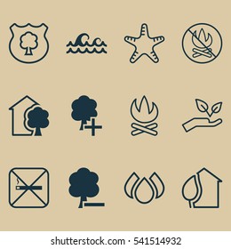 Set Of 12 Ecology Icons. Includes Aqua, Sea Star, Fire Banned And Other Symbols. Beautiful Design Elements.