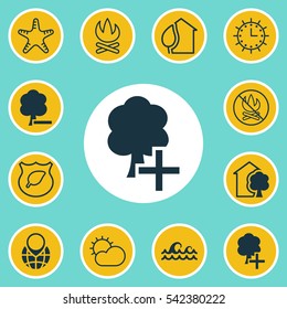 Set Of 12 Ecology Icons. Includes Sun Clock, Insert Woods, Sea Star And Other Symbols. Beautiful Design Elements.