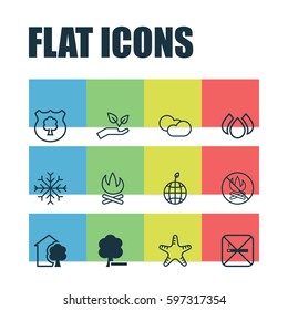 Set Of 12 Ecology Icons. Includes Snow, Bonfire, Cigarette And Other Symbols. Beautiful Design Elements.