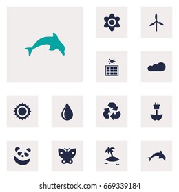 Set Of 12 Ecology Icons Set.Collection Of Solar Panel, Conservation, Isle Beach And Other Elements.