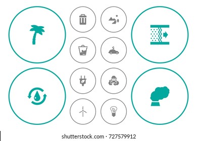 Set Of 12 Ecology Icons Set.Collection Of Trash Bin, Container, Tree And Other Elements.