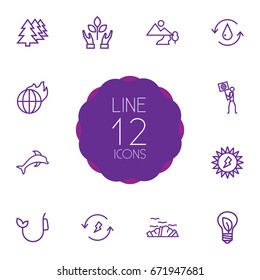 Set Of 12 Ecology Outline Icons Set.Collection Of Garbage, Solar, Renewable Energy And Other Elements.