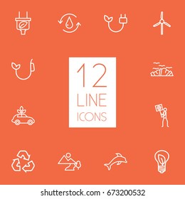 Set Of 12 Ecology Outline Icons Set.Collection Of Fuel, Landscape, Water Elements.