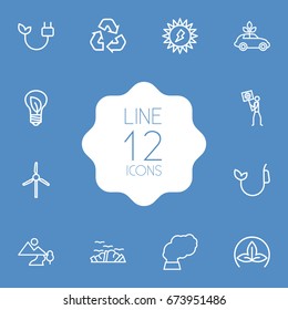 Set Of 12 Ecology Outline Icons Set.Collection Of Pollution, Solar, Ecologist And Other Elements.