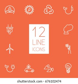 Set Of 12 Ecology Outline Icons Set.Collection Of Plug, Landscape, Ecologist Elements.