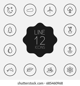 Set Of 12 Ecology Outline Icons Set.Collection Of Wood, Cloud, Dolphin And Other Elements.