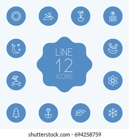Set Of 12 Ecology Outline Icons Set.Collection Of Fir Tree, Moon With Star, Leaf And Other Elements.