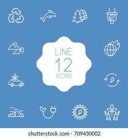 Set Of 12 Ecology Outline Icons Set.Collection Of Solar, Dolphin, Renewable Energy And Other Elements.